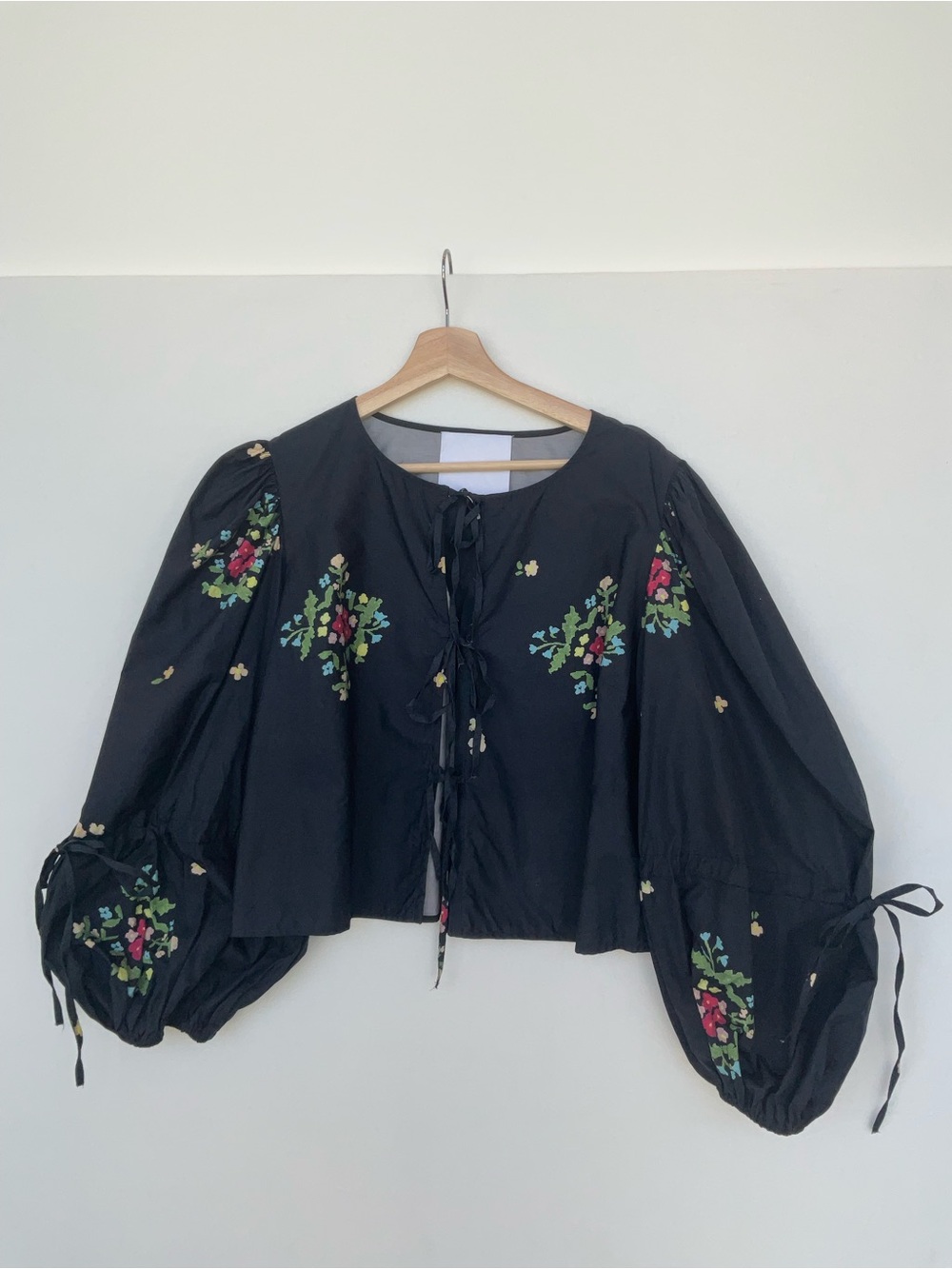 Naya Rea Cora Embroidered Black Tie-Front Peasant Blouse
